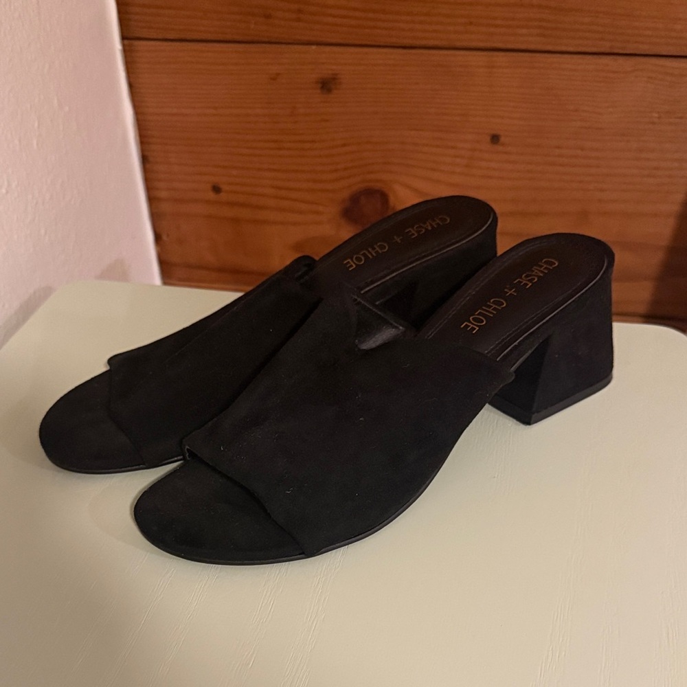 Chase + Chloe Black Suede Open-Toe Block Heel Mules